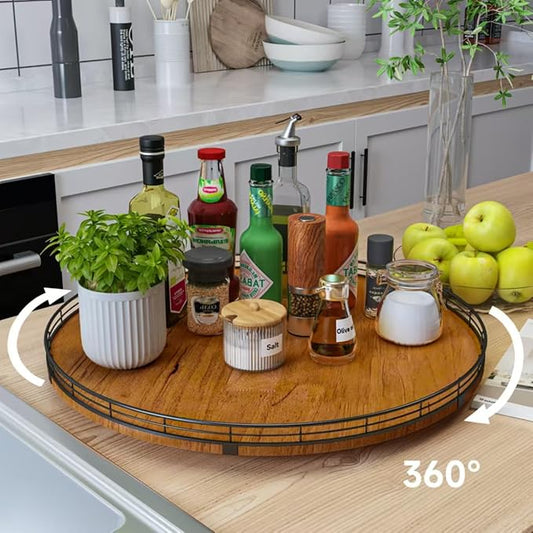 Farmhouse Oak 21" Lazy Susan Turntable Organizer for Cabinet, Round Wooden Lazy Susan Organization and Storage for Dining Table, Pantry, Kitchen, Countertop, Cupboard,Home Decor, Walnut (21)