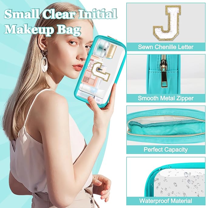 Small Clear Personalized Initial Makeup Bag,Nylon Preppy A-Z Chenille Letter Patch Cosmetic Pouch Beach Toiletry Bag,Waterproof Zipper Travel Purse Storage Bag Organizer for Women Girls(Cyan-White J)