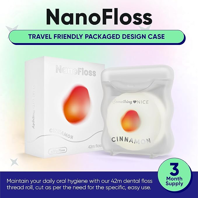 Something Nice NanoFloss Threader for Teeth, Vegan Dental Floss Thread, nHAP1000D Polyester Fiber Waxed with Nano Hydroxyapatite for Enamel Care Kid Friendly, Cinnamon Flavored, 42M
