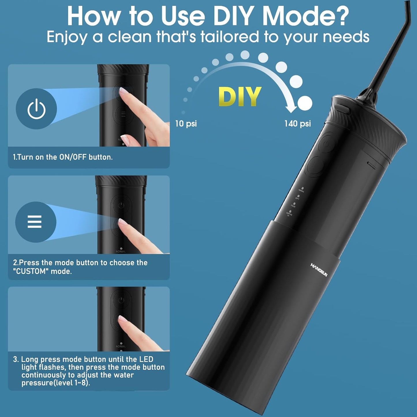 HANGSUN Water Flosser for Teeth - Portable Travel Cordless, 30 Days Battery, Deep Plaque Removal, 4 Adjustable Modes, 6 Nozzles for Sensitive Gums & Braces, IPX7, Telescopic 180ml Tank, Black