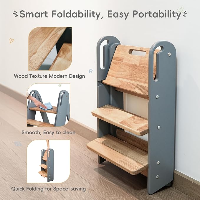 Step Stool for Toddler, 3-Step Kids Step Stool for Bathroom Sink, Foldable Toilet Potty Training Stool with Handles, Child Kitchen Counter Stool Helper Wooden Ladder for Toddlers (Grey)