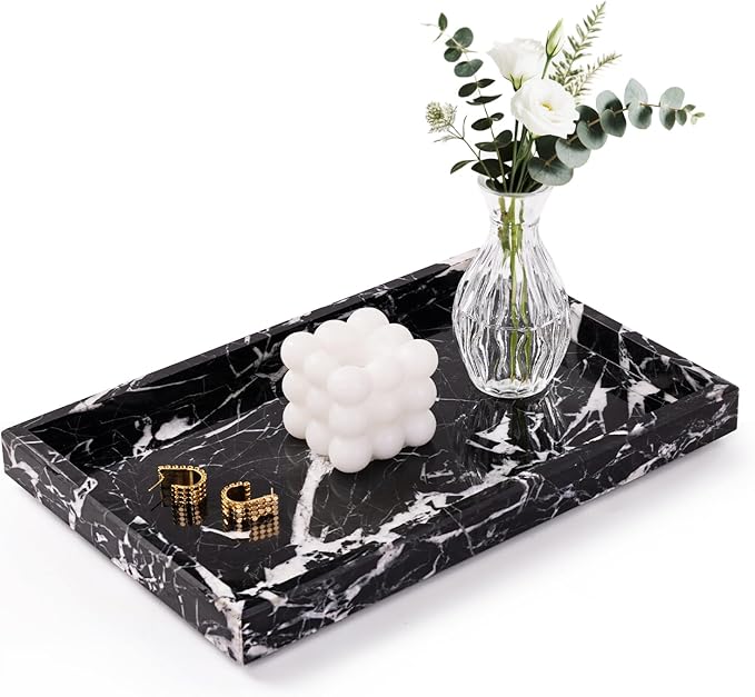 Marble Bathroom Tray for Countertop & Home Decor, Natural Decorative Marble Tray for Jewelry & Perfume Organizer, Luxury Stone Vanity Trays for Dresser, Kitchen Counter, 12" x 8", Black