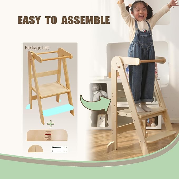 Foldable Toddler Tower 95% Preassembled Kitchen Stool Helper Folding Step Stool for Kids with 3 Adjustable Height Montessori Toddler Standing Tower for Kitchen Counter Sink Natural