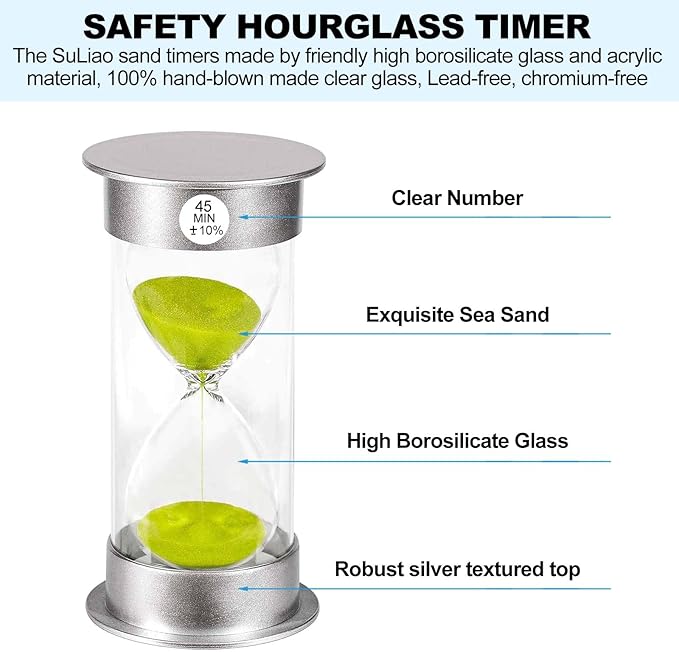 Hourglass Sand Timer 45 Minute, Green Sand Clock 45 Minute, Small Sand Watch 45 Min, Silver Plastic Hour Glass Sandglass Timer for Kids, Games, Classroom, Kitchen, Decoration