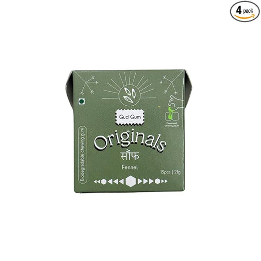 Gud Gum- Natural, Plastic Free Chewing Gum- Clove, Cardamom, Fennel, Cinnamon- 21g x 4 - Mini Pack of 4- No added artificial colours, flavours & sweeteners (Pack of 4, Fennel)