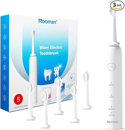 Rooman Oscillation&Vibration Sonic Electric Toothbrush for Adults, with 5 Brush Heads for Travel & Teeth Care, 20000 VPM, 3 Cleaning Modes, 2-Minute Timer, IPX7 Waterproof (White)