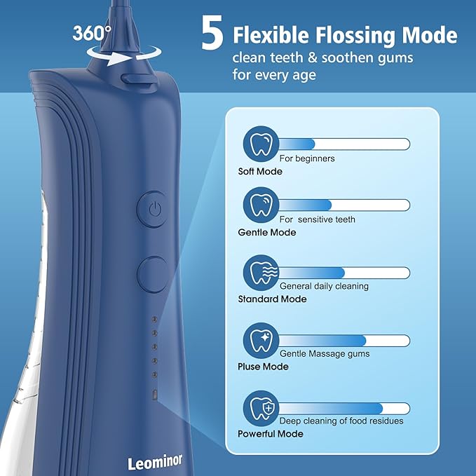 Leominor Water Flosser - 5 Modes Cordless Portable Oral Irrigator, IPX7 Waterproof, Rechargeable Teeth Cleaner Professional Flossing Cleaning Pick for Home Travel (D Blue)