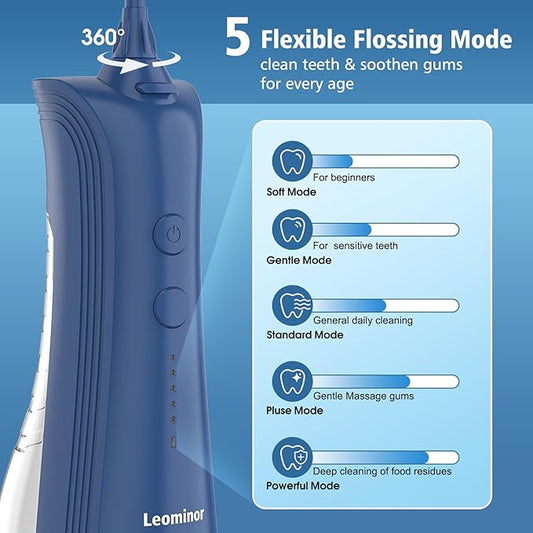 Leominor Water Flosser - 5 Modes Cordless Portable Oral Irrigator, IPX7 Waterproof, Rechargeable Teeth Cleaner Professional Flossing Cleaning Pick for Home Travel (D Blue)