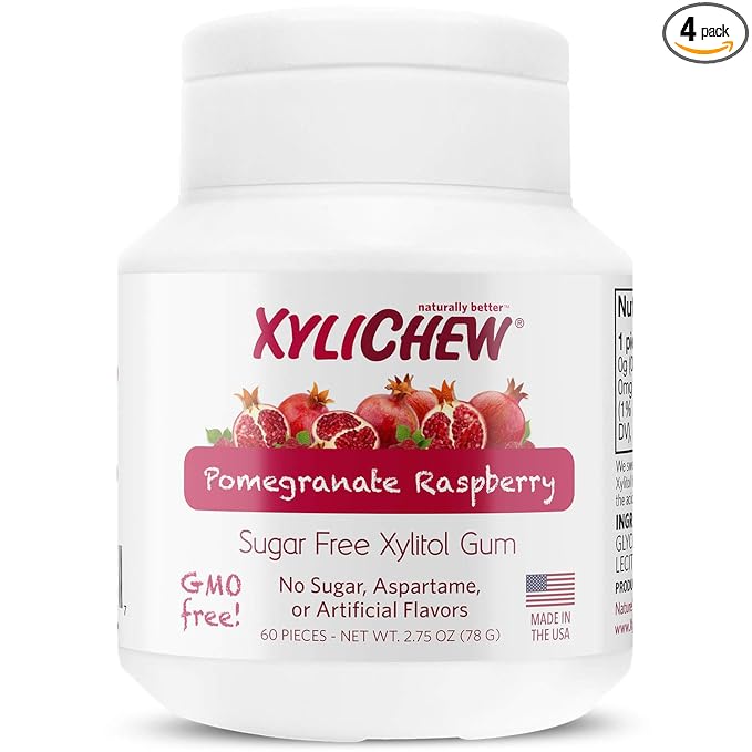 Xylichew 100% Xylitol Chewing Gum - Non GMO, Non Aspartame, Gluten Free, and Sugar Free Gum - Natural Oral Care, Relieves Bad Breath and Dry Mouth - Pomegranate Raspberry, 240 Count