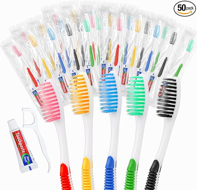 Disposable Toothbrushes with Toothpaste and Floss,50pcs Single Use Individually Wrapped Disposable Travel Toothbrushes and Dental Floss Kit Bulk for Homeless,Airbnb,Dentist,Hotel(5 Colors)