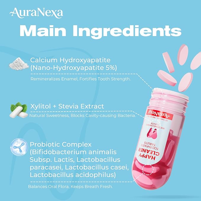 Happy Cleaner Toothpaste Tablets – Mint Lime Flavor, Fluoride-Free Chewable Toothpaste with Nano Hydroxyapatite, Travel-Friendly, Zero-Waste Oral Care, 30 Tablets