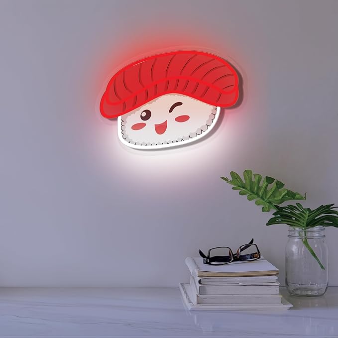 Sushi NEON Wall Sign, Cute Food LED Light, Wall Decor, Perfect for Holiday and Birthday Gift, Party Decor, Red White Sushi with Face for Kids Room, Bar, Restaurant