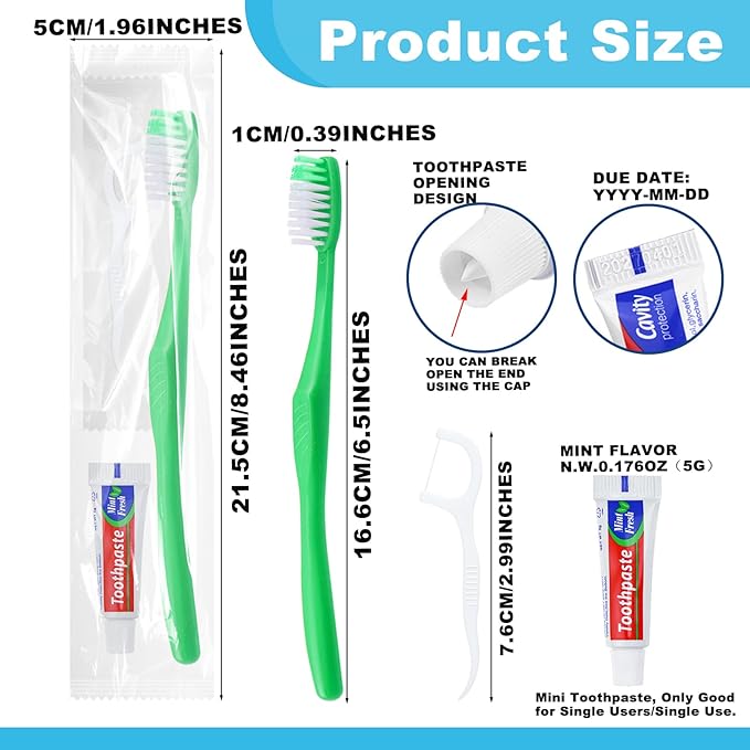 Disposable Toothbrushes with Toothpaste and Floss,10Pcs Green Single Use Individually Wrapped Disposable Travel Toothbrushes and Dental Floss Kit Bulk for Homeless,Airbnb,Hotel,Dentist