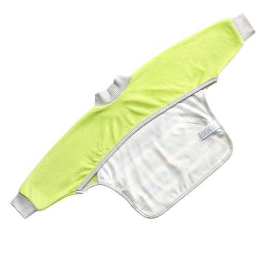 Kiddologic Bibit-all Baby Feeding Bib, Long Sleeves, Ribbed Cuffs, High Collar, Stretchy Pullover Smock, Soft Absorbent Terry, Waterproof Lining, Unisex Infant 6-12 Months, Fresh Lime (Green) Stripe