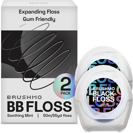 Brushmo Black Floss (BBFloss) - Expanding Floss, Gum-Friendly Soothing Mint Dental Floss, Natural Vegan Wax to Remove Plaque from Teeth, Dentist Designed PTFE & PFAS Free Oral Care, 2 Spools, 110 yd