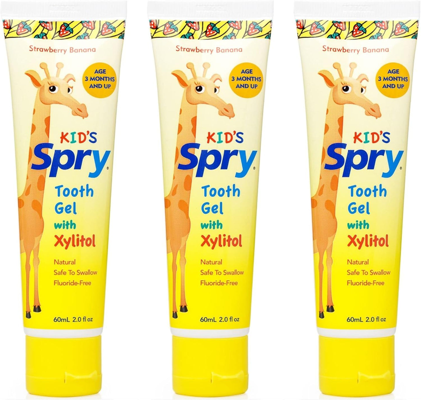 Spry Natural Xylitol Toothpaste for Baby, Toddler and Kids Age 3 Months and Up - Fluoride Free Tooth Gel, Tasty, Support Development of Emerging Teeth, Strawberry Banana 2 Fl Oz (Pack of 3)