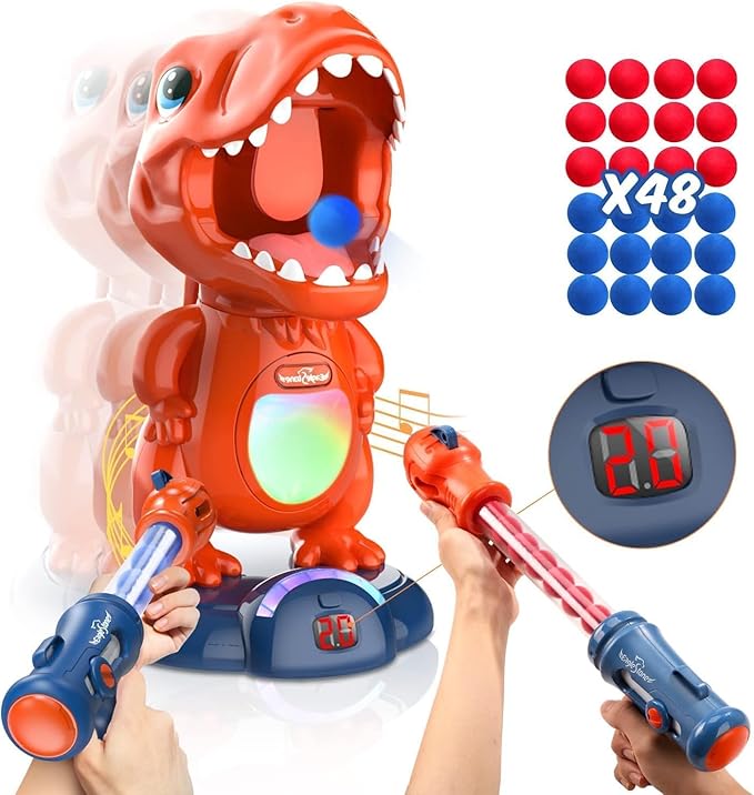 EagleStone Movable Dinosaur Shooting Toys for Kids Games with 2 Air Pump Gun, Party Toys with Score Record, LED & Sound, 48 Foam Balls Electronic Target Practice Gift for Boys and Girls