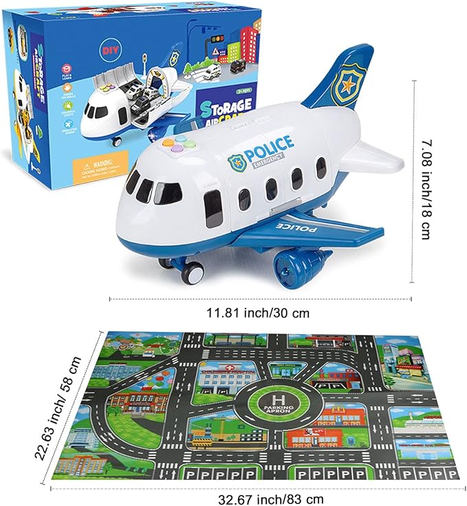 Dwi Dowellin 5 in 1 Airplane Toys with Light and Sound,Police car Toys with Activity Mat, Christmas Birthday Gifts for Kids 3 4 5 6 Year Old Boys Girls