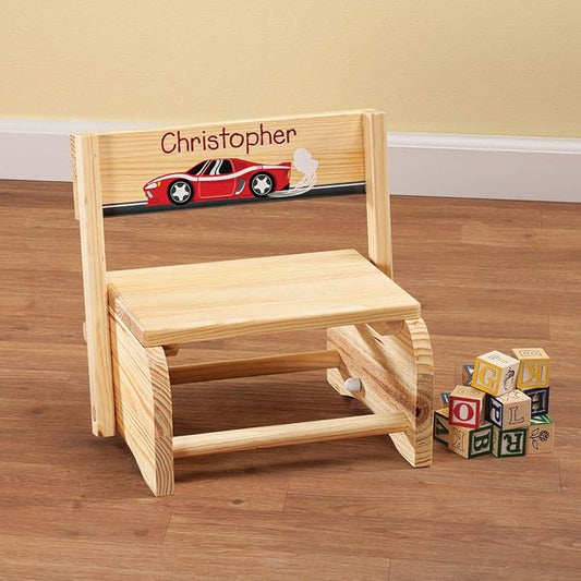 Custom 2-in-1 Children's Step Stool and Chair, Customized with Kid’s Name, Racecar Design