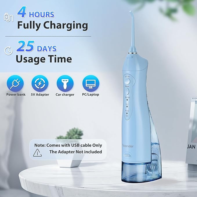 TOVENDOR Electric Water Flosser, Cordless Rechargeable Dental Oral Irrigator IPX7 Waterproof 300ML Travel Water Teeth Cleaner with 5 Tips for Braces Care Teeth Gums Cleaning, Home Office Daily Use