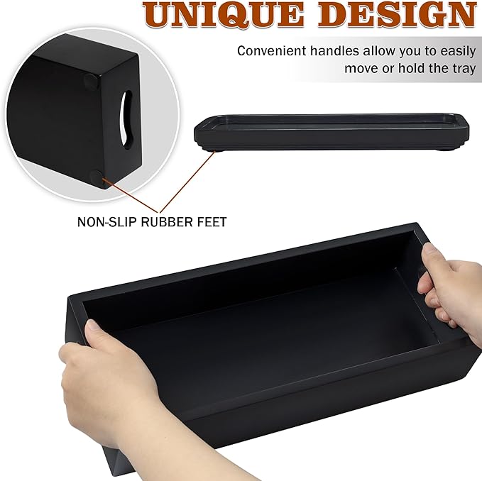 Toilet Tank Tray for Modern Black Bathroom Decor Set of 2 Acacia Toilet Tank Topper Paper Storage Decorative Organizer Box Wood Vanity Tray for Counter Decor Dresser Tops (Black)