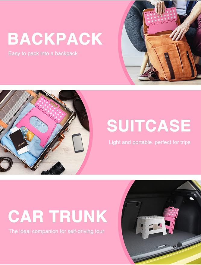 Dyforce Folding Step Stool 11", Durable Kids Step Stool, Heavy Duty Step Stools for Adults, Compact Foot Stools, Light-Weight Toddler Step Stools for Kitchen, Bathroom, Holds Up to 300 lbs (Pink)