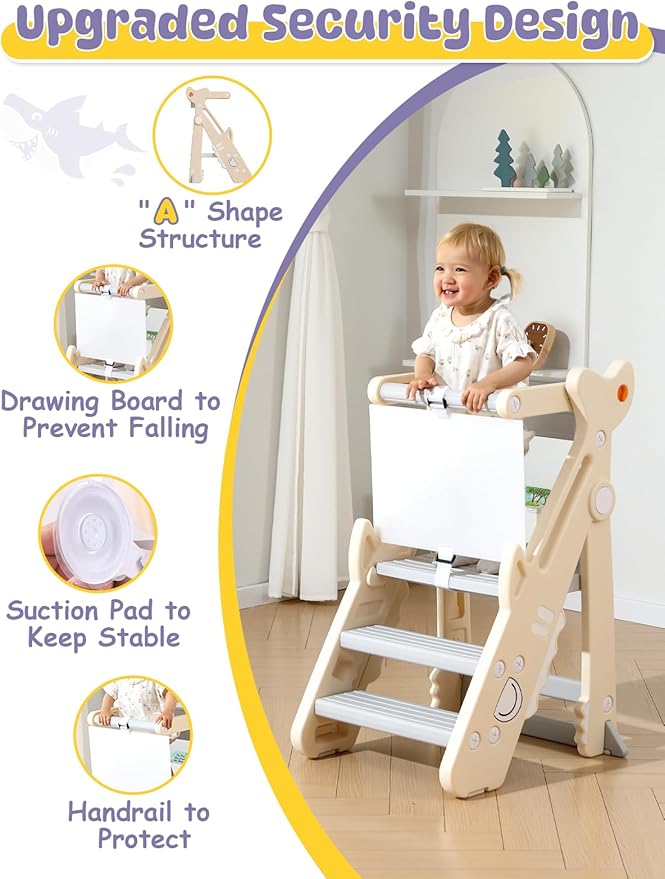 VBABY Foldable Toddler Tower, Plastic Kids Kitchen Stool, Adjustable Height Toddler Step Stool, Certified Standing Tower, White