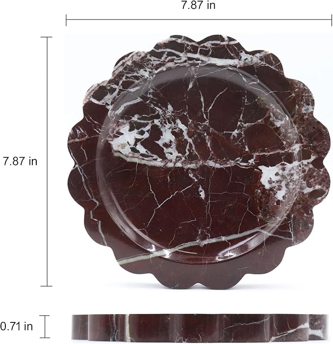 Round Marble Decorative Tray with Scalloped Edge, Luxury Natural Stone Bathroom Vanity Tray, Dresser Top Perfume Coffee Home Kitchen Sink Tray, Key Trinket Ring