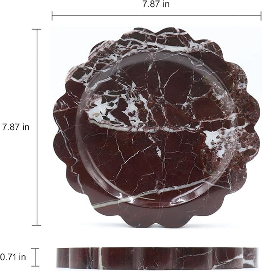 Round Marble Decorative Tray with Scalloped Edge, Luxury Natural Stone Bathroom Vanity Tray, Dresser Top Perfume Coffee Home Kitchen Sink Tray, Key Trinket Ring