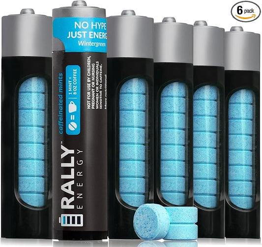 Caffeine Mints, 60milligram Caffeine, Instant Energy, Fresh Breath Caffeinated Minty Candy, 0 Sugar, Natural Wintergreen Flavor (6 Packs, 60 Mints)