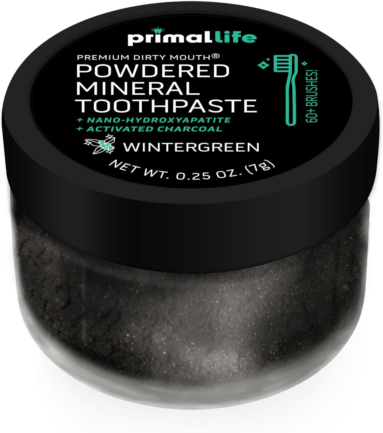 Primal Life Organics - Dirty Mouth Toothpowder, Activated Charcoal Tooth Cleaning Powder, Essential Oils Natural Kaolin Bentonite Clay, 60+ Brushings, Organic Vegan (Charcoal Wintergreen, 0.25 oz)