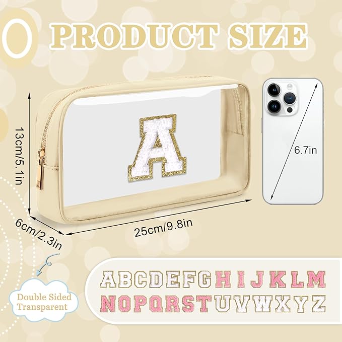 Small Clear Personalized Initial Makeup Bag,Nylon Preppy A-Z Chenille Letter Patch Cosmetic Pouch Beach Toiletry Bag,Waterproof Zipper Travel Purse Storage Bag Organizer for Women Girls(Beige-White A)