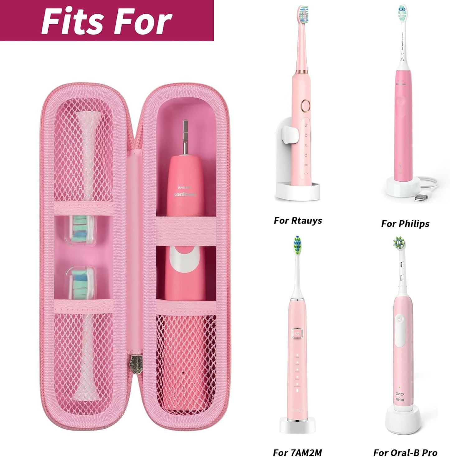 Toothbrush Travel Hard Case Compatible with Oral-B Pro 1000, 2000, 3000, 3500, 1500/ for Philips Sonicare ProtectiveClean 4100 5100 Electric Toothbrush with Mesh Pocket&Carabiner - Pink (Bag Only)