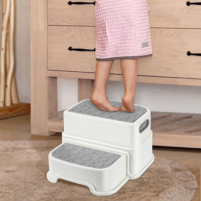 WELSPO 2 Step Stool for Kids, Toddler Step Stool for Bathroom, Kitchen, Bedroom, Living Room, Non-Slip Toddlers Toilet Potty Stool with Handles Baby Child Kid Plastic Poop Stools(Gray)