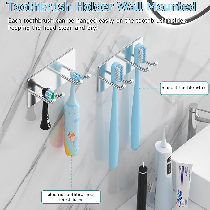 Toothbrush Holder Wall Mounted, Electric Toothbrush Head Holder SUS304 Stainless Steel Toothbrush Holders for Bathroom, Kids Tooth Brushing Holder Self Adhesive Toothbrush Organizer, Shower Hooks