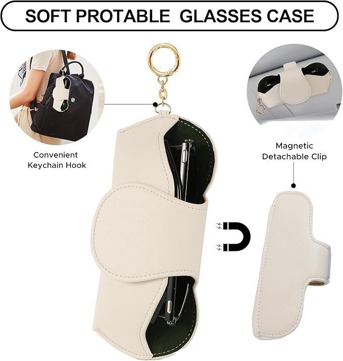 KINIVA Sunglasses Holder for Car Visor with Hanging Hook Portable Leather Glasses Storage Bag with Detachable Clips