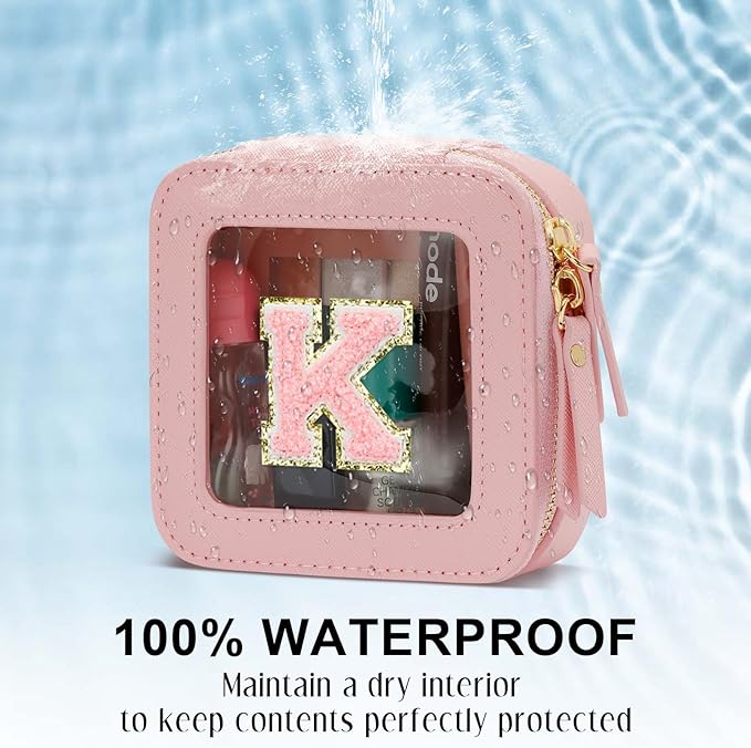 Christmas Gifts for Girls - Initial Clear Toiletry Bag, Small Cosmetic Bags for Girls with Zipper, Potable Mini Makeup Bag for Birthday, Graduation (Pink, K)