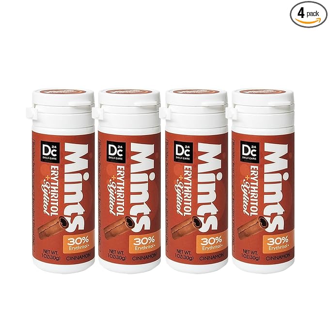 DC24 DAILY CARE Xylitol Erythritol Mints, No Aspartame Sugar Free Mints, Low-Calorie, Dry Mouth Mints Keto Cinnamon 30 Pieces (Pack of 4)