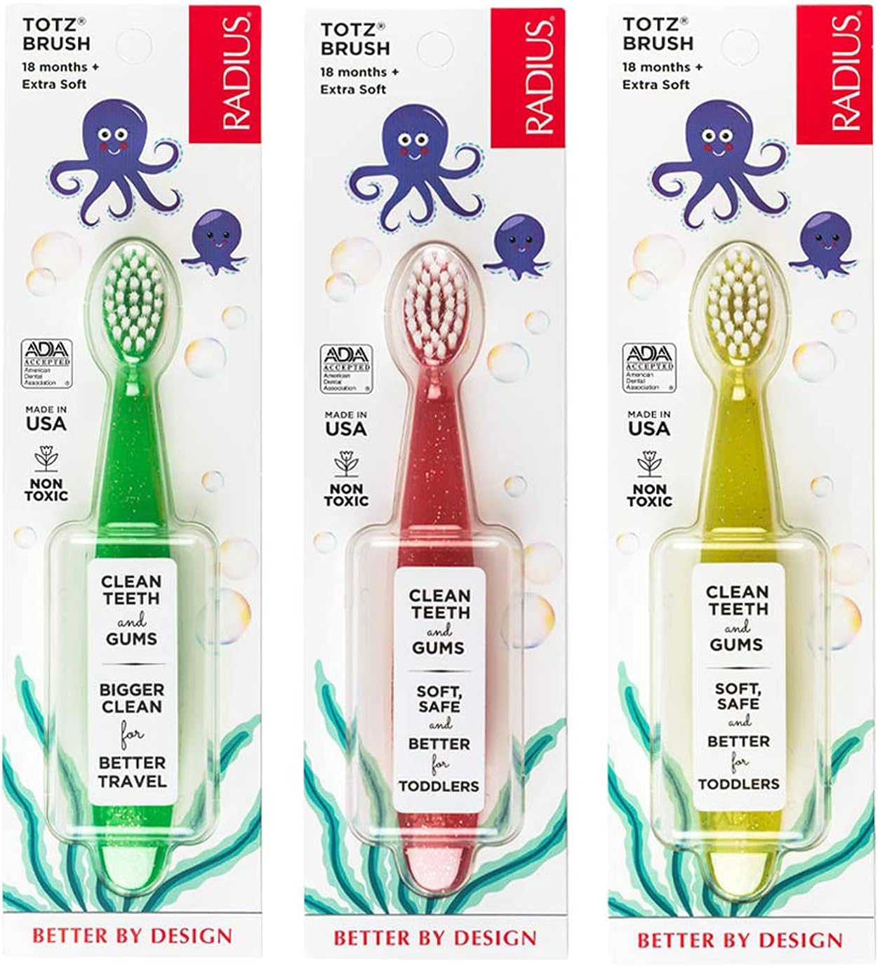 RADIUS Children's Toothbrush, Totz Brush, Extra Soft Bristles, Green/Coral/Yellow, BPA Free & ADA Accepted, Designed for Delicate Teeth & Gums for Children 18 Months & Up, Pack of 3