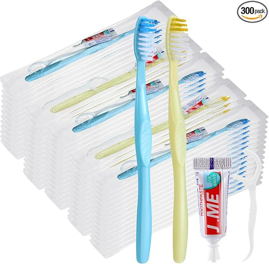300 Sets Bulk Disposable Toothbrushes Toothpaste Floss Individually Wrapped Dental Floss Pick Kit Homeless Hygiene Kit Bulk Homeless Care Package Supplies for Travel Hotel (Blue,Pink)