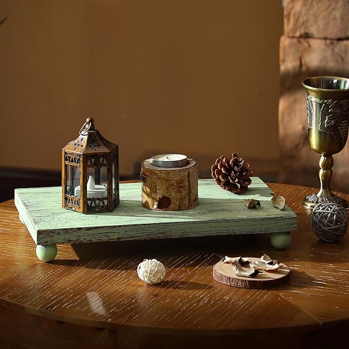 Amyhill Wood Pedestal Stand Kitchen Soap Tray Farmhouse Wooden Riser Stand for Kitchen Bathroom Counter Table Decor Plant Candle Vases Display (12 x 7 Inch,Green)