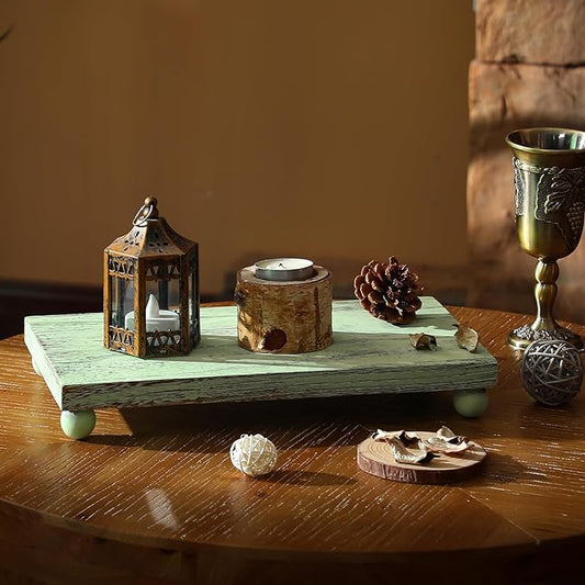 Amyhill Wood Pedestal Stand Kitchen Soap Tray Farmhouse Wooden Riser Stand for Kitchen Bathroom Counter Table Decor Plant Candle Vases Display (12 x 7 Inch,Green)