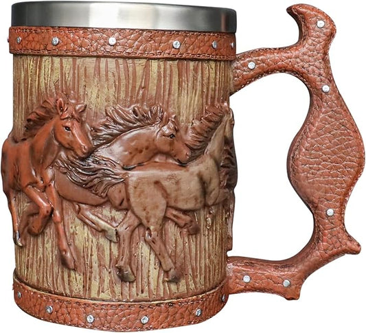 Wooden Barrel Beer Mug, 20oz Stainless Steel Horse Mug Coffee Cup Horses Gifts for Women Men Gift for Birthday Christmas, Gothic Decor Party Decoration Drinkware Gift