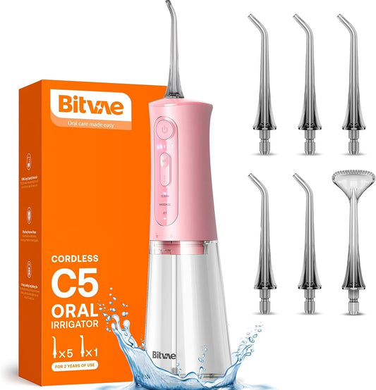 Bitvae Water Dental Flosser Teeth Picks, Cordless Portable Oral Irrigator, Powerful and Rechargeable Oral Irrigator, Brace Care, IPX7 Waterproof Water Dental Picks for Cleaning, Quartz Pink