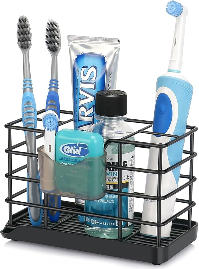 Toothbrush Holders for Bathrooms, Stainless Steel Bathroom Toothbrush Holder Kids Electric Tooth Brush Holder and Toothpaste Holder for Bathroom Accessories Organizer with Tray, Multi-Slots (Large)