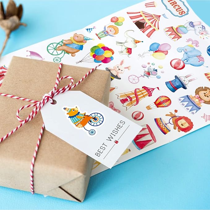 Cute Carnival Circus Stickers 820 Count Party Goodie Gifts Bags Decor Red White Elephant Clown Adhesive Stickers for Kids Girls Boys Birthday Invitations Art Craft Decor School Game Class Rewards