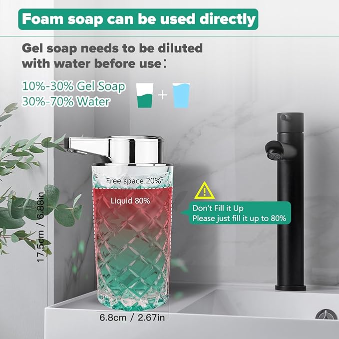 Automatic Soap Dispenser Foam for Kitchen: 11 OZ Glass Touchless Clear Auto Foaming Soap Dispenser for Bathroom - Hand Dish Lotion Home Countertop Kids - Family Couple