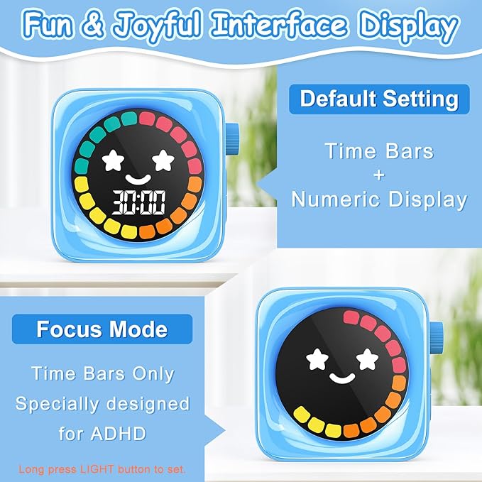 Visual Timer for Kids, 99 Minute Digital Cute Kids Visual Timer Classroom for Homeschool Supplies Study Teaching Time Management Tool Countdown & Stopwatch, Blue with Colorful Display