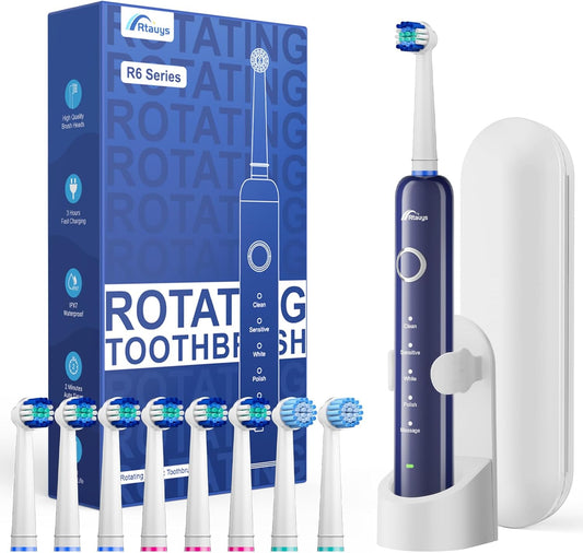 Rtauys R6 Rotating Electric Toothbrush for Adults, Fast Charge, Come with 8 Brush Heads (2 Types) and Travel Case, 5 Modes, 50000VPM Powered Toothbrush, 2 Minute Timer