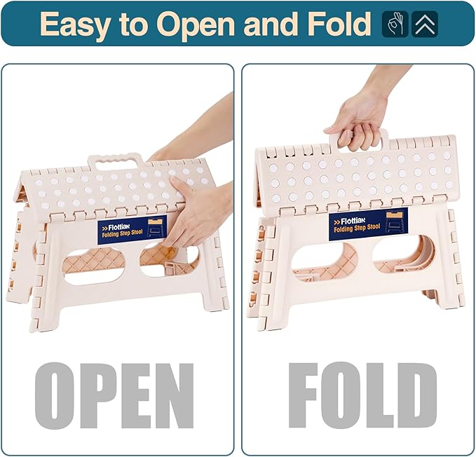 Flottian 9" Folding Step Stool for Adults and Kids 15-Inch Extra Wide Stool Holds Up to 300 lbs,Non-Slip Folding Stools with Handle,Compact Plastic Foldable Step Stool for Bathroom,Kitchen,ect,Khaki